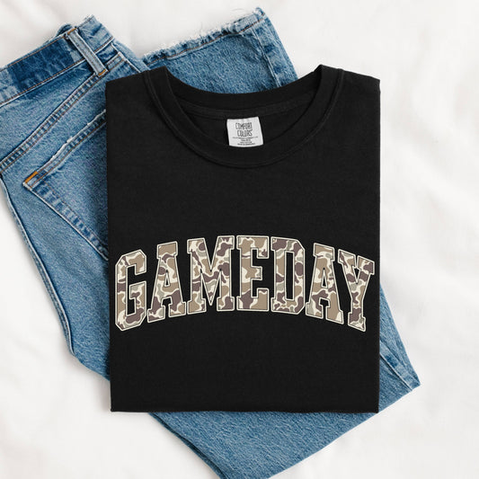 Black t-shirt with Camo Crunch Game Day Tee 'GAMEDAY' print on blue jeans