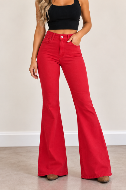 Dancing Queen High-Rise Stretch Bell Bottom Jeans – Red