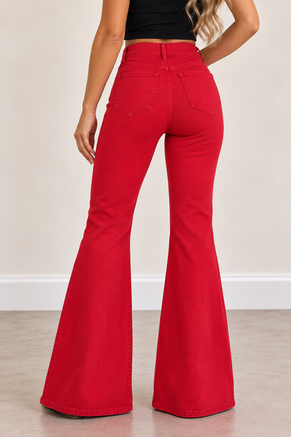 Dancing Queen High-Rise Stretch Bell Bottom Jeans – Red