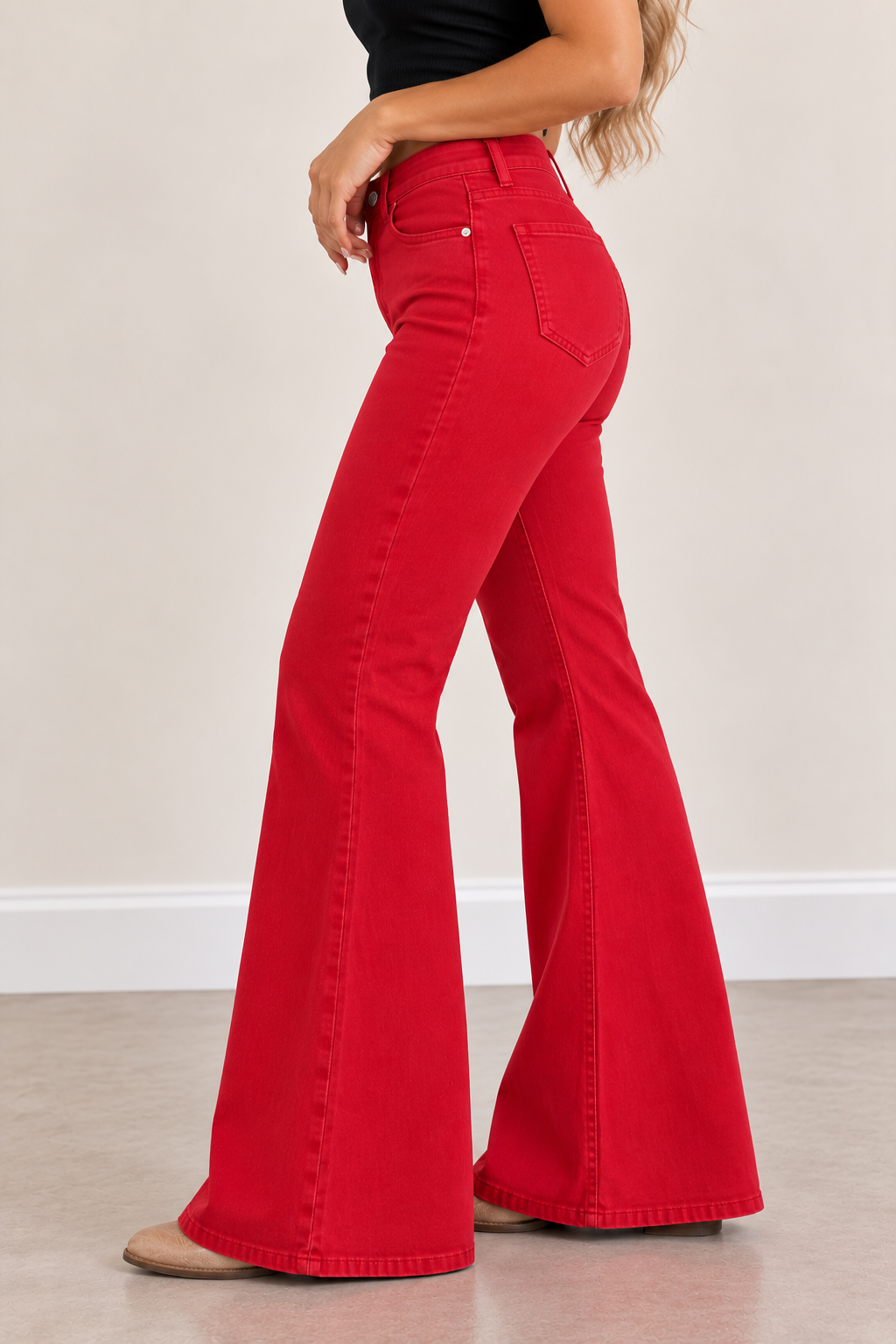 Dancing Queen High-Rise Stretch Bell Bottom Jeans – Red
