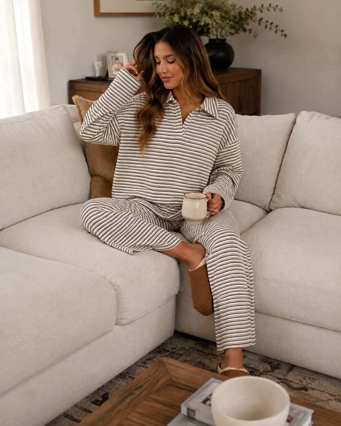 Slow Sunday Striped Collared Lounge Pullover & Wide Leg Pants