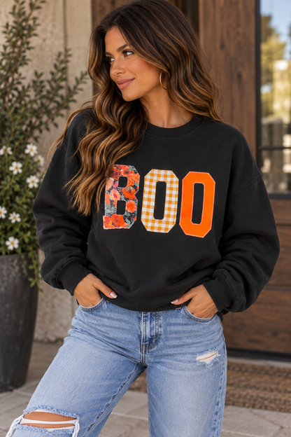 Boo & Boujee Embroidered Patchwork Halloween Sweatshirt