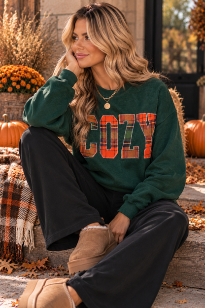 Cozy Season Plaid Patchwork Embroidered Sweatshirt