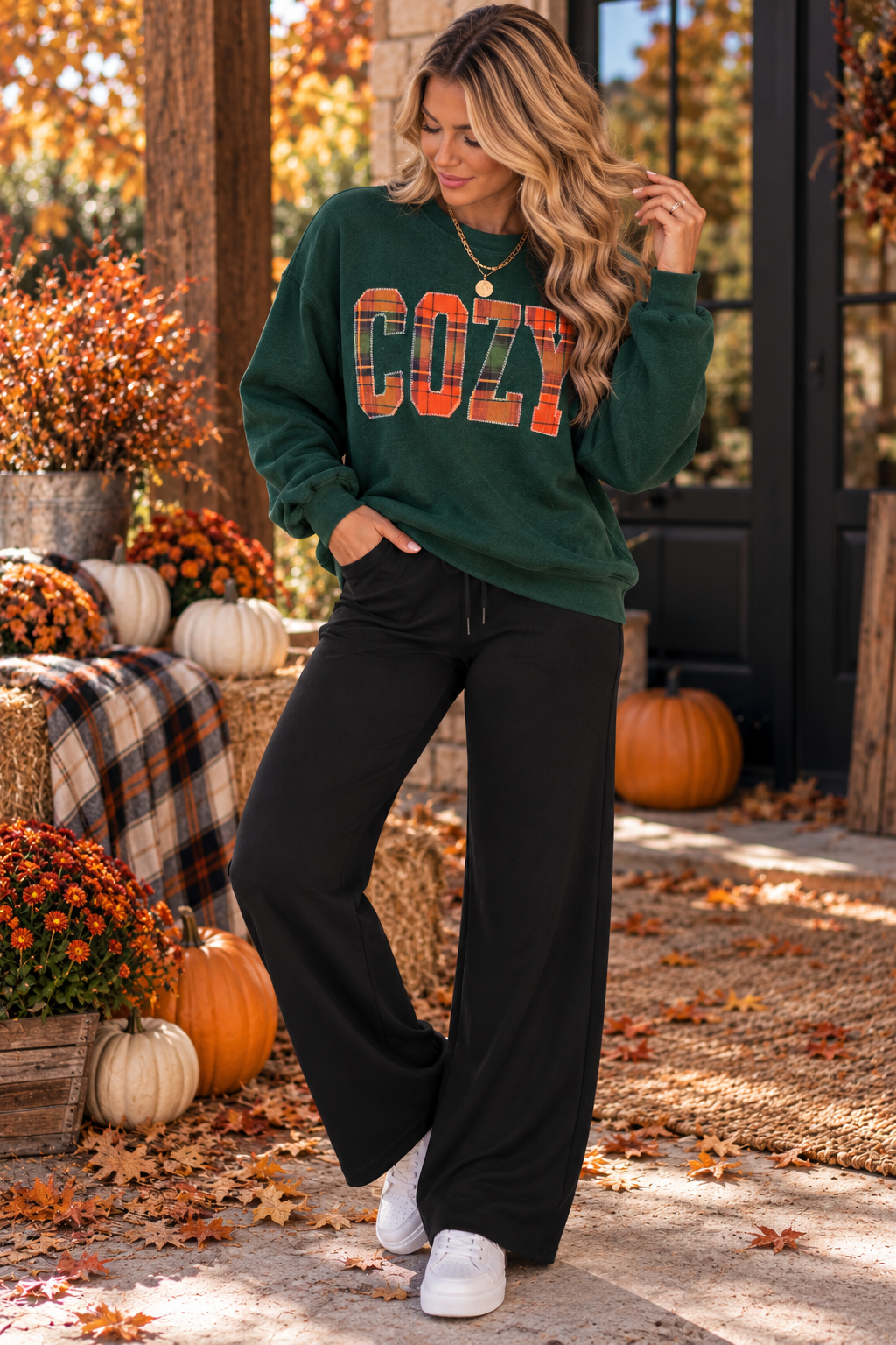 Cozy Season Plaid Patchwork Embroidered Sweatshirt