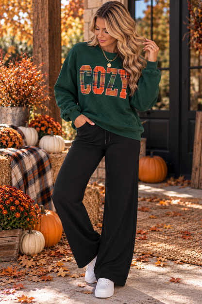 Cozy Season Plaid Patchwork Embroidered Sweatshirt