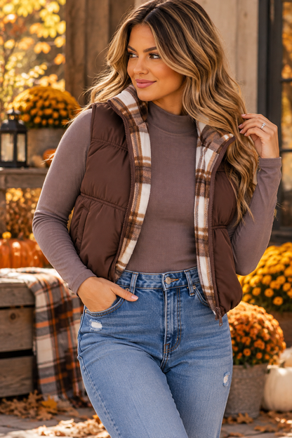 Two Sides to the Story Reversible Plaid Puffer Vest