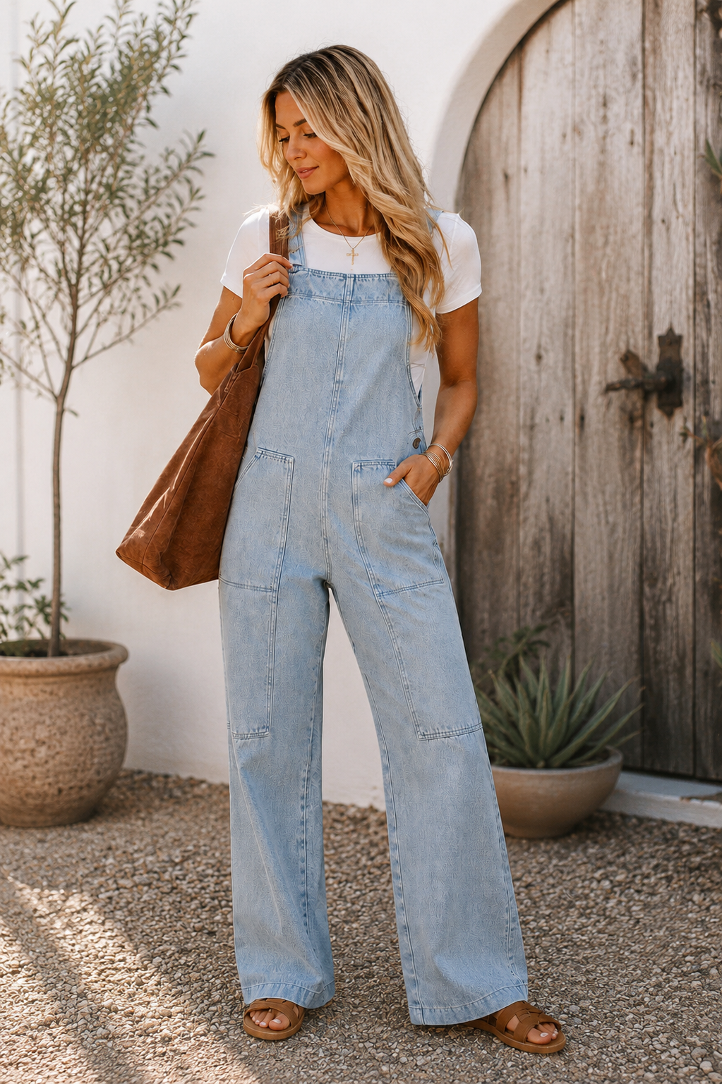 Women's light wash denim overall jumpsuit with wide legs, front patch pockets and utility seam detailing.