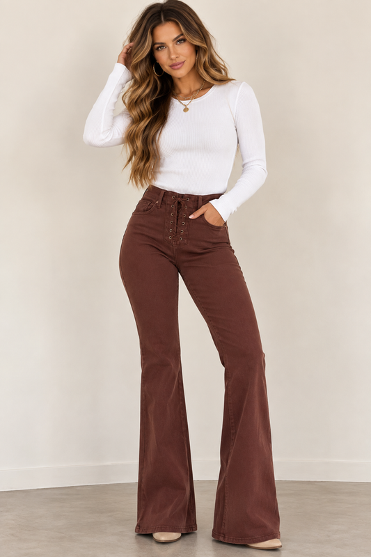 Saddle Up Sweetheart Judy Blue Lace-Up Flare Jeans – Mocha