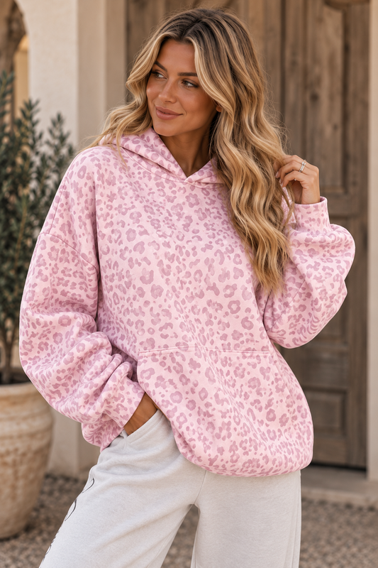 Pretty in Wild Leopard Oversized Pullover Hoodie – Pink & Gray