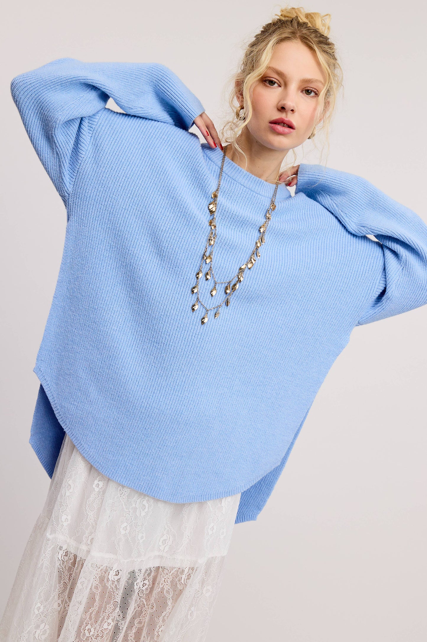 pink oversized sweater, baby blue knit top, cozy pastel sweater, soft knit pullover, slouchy women’s sweater, comfy everyday knitwear, rustic rebel cozy