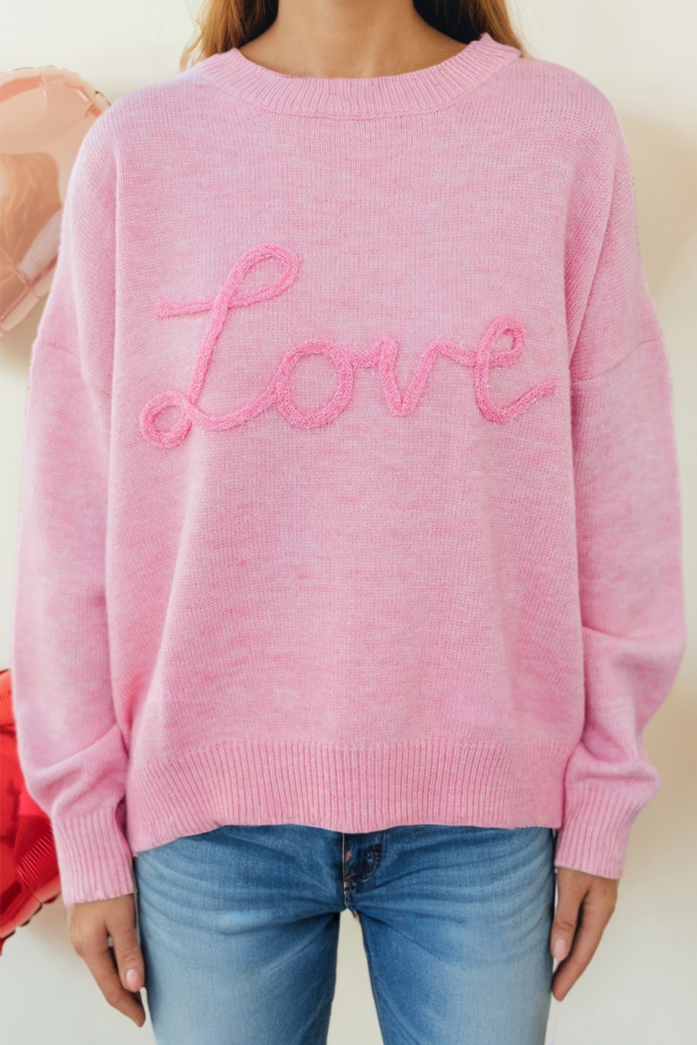 “Love” Textured Valentine’s Sweater – Soft Pink Crewneck