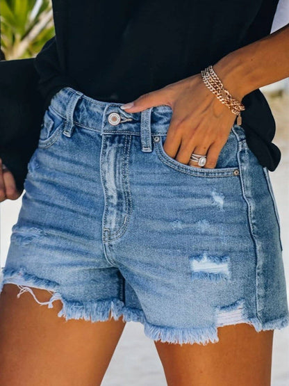 Distressed Denim Shorts with Frayed Hem – High Waisted Ripped Jean Shorts