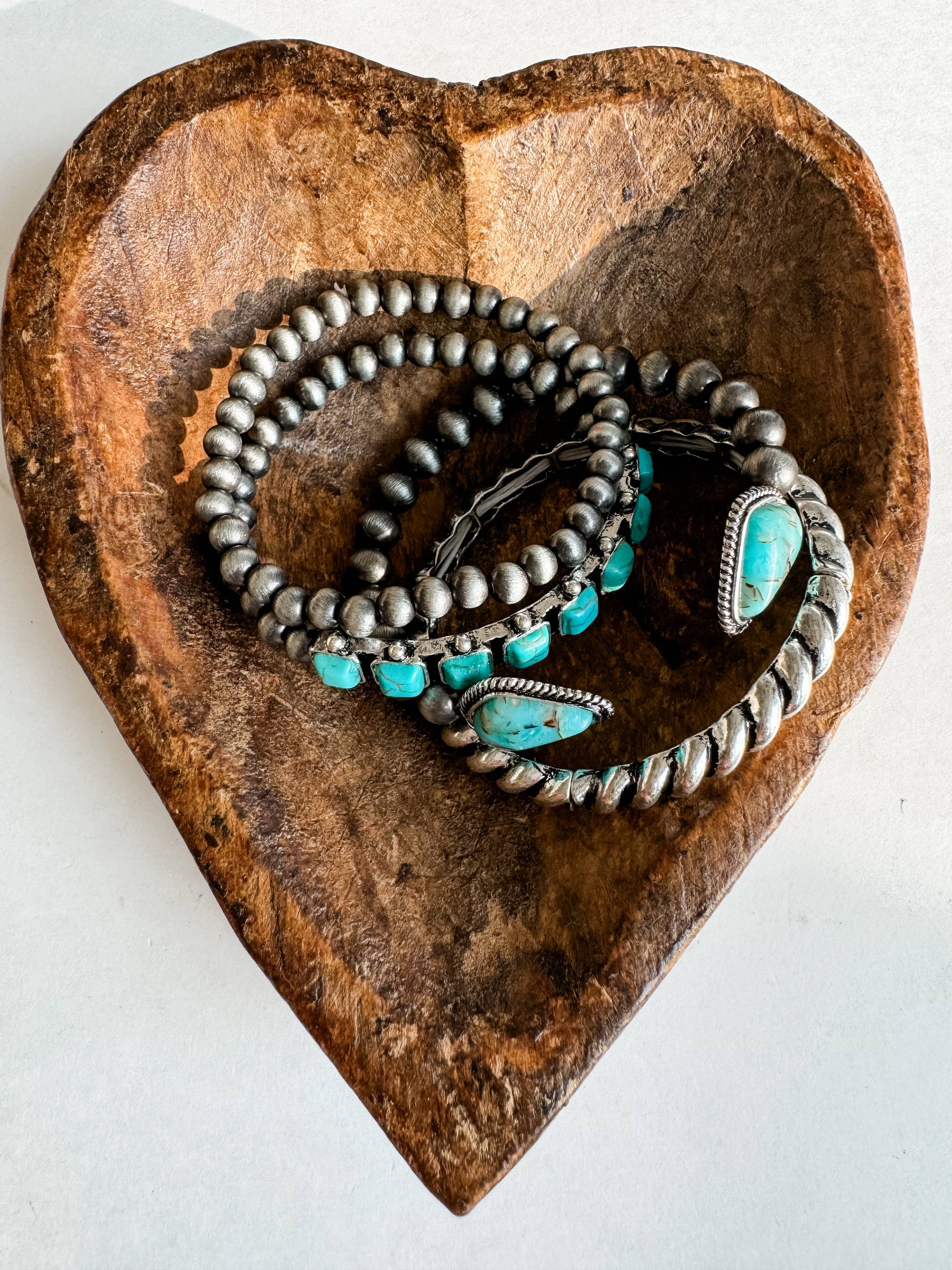 Turquoise and silver-tone western 4-piece stackable bracelet set with beaded, stone and rope-style details
