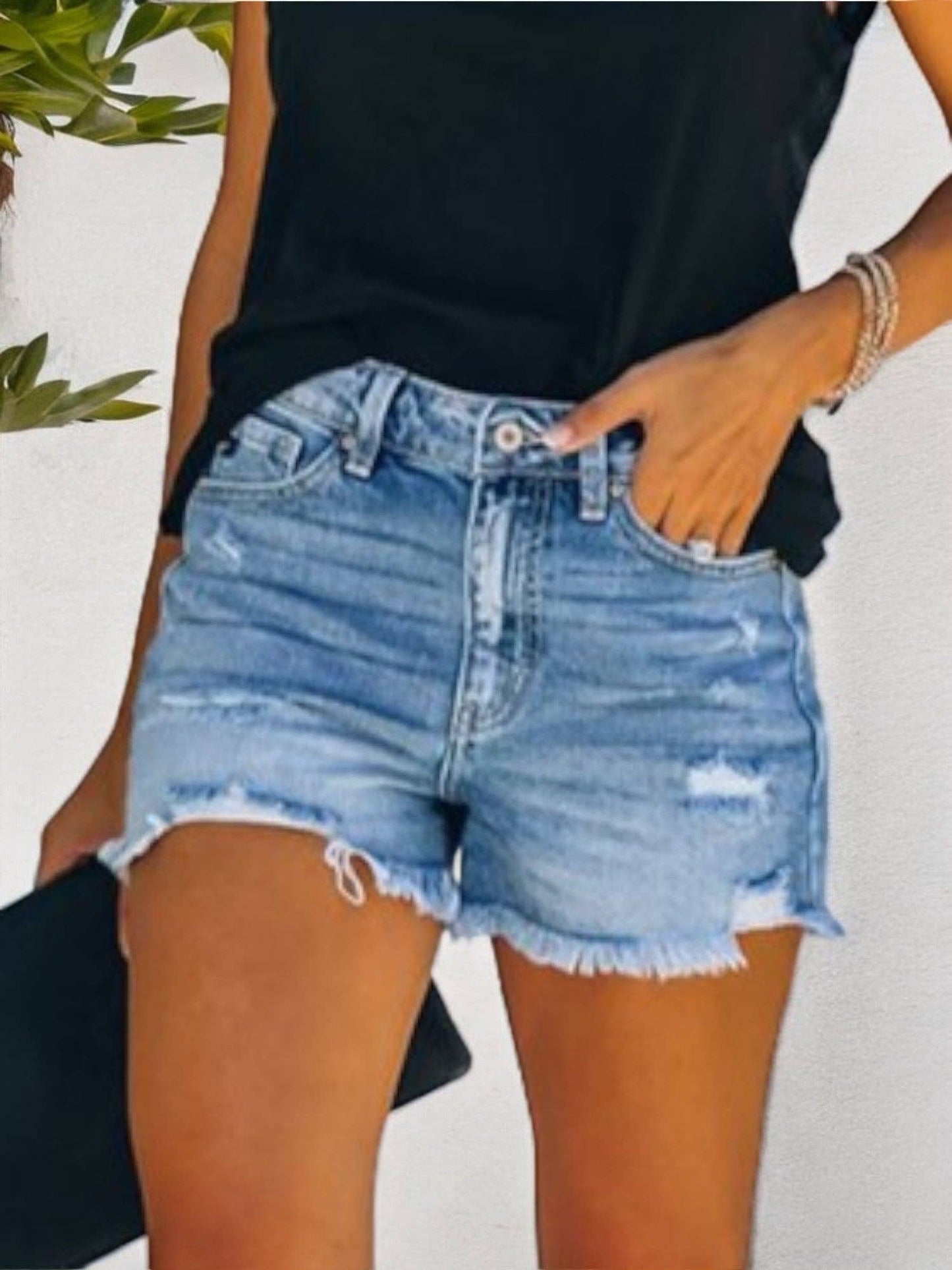 Distressed Denim Shorts with Frayed Hem – High Waisted Ripped Jean Shorts