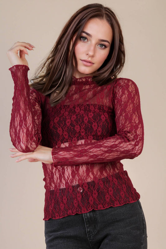 High Neck Sheer Lace Long Sleeve Top