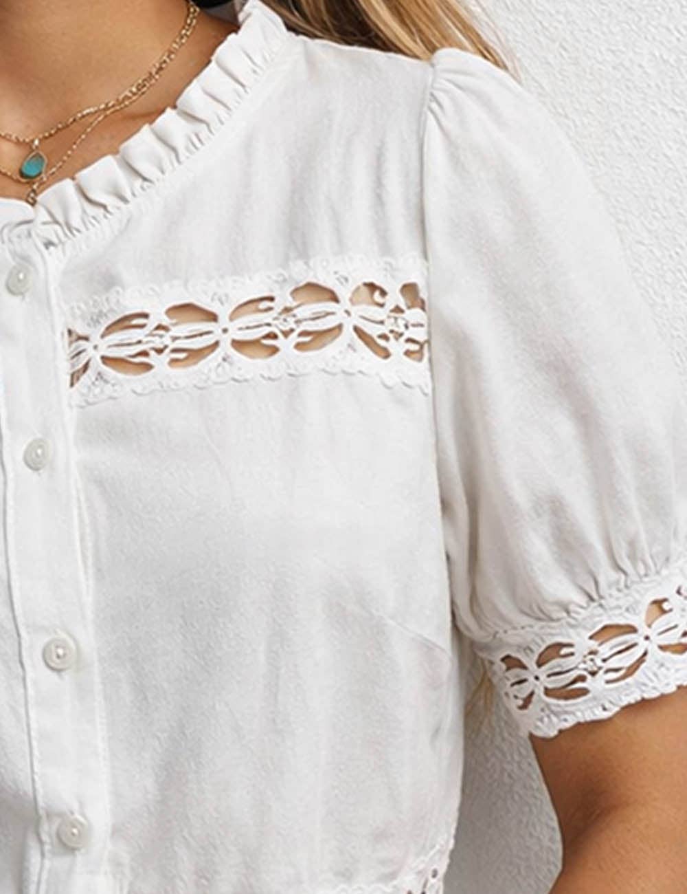 Boho Hollow-Out Ruffle Neck Blouse – Button Front Peplum Top