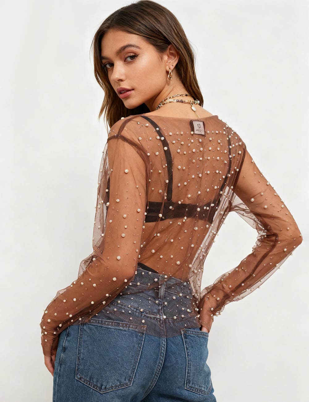 Pearl Rhinestone Sheer Mesh Top – Long Sleeve Studded See Through Blouse