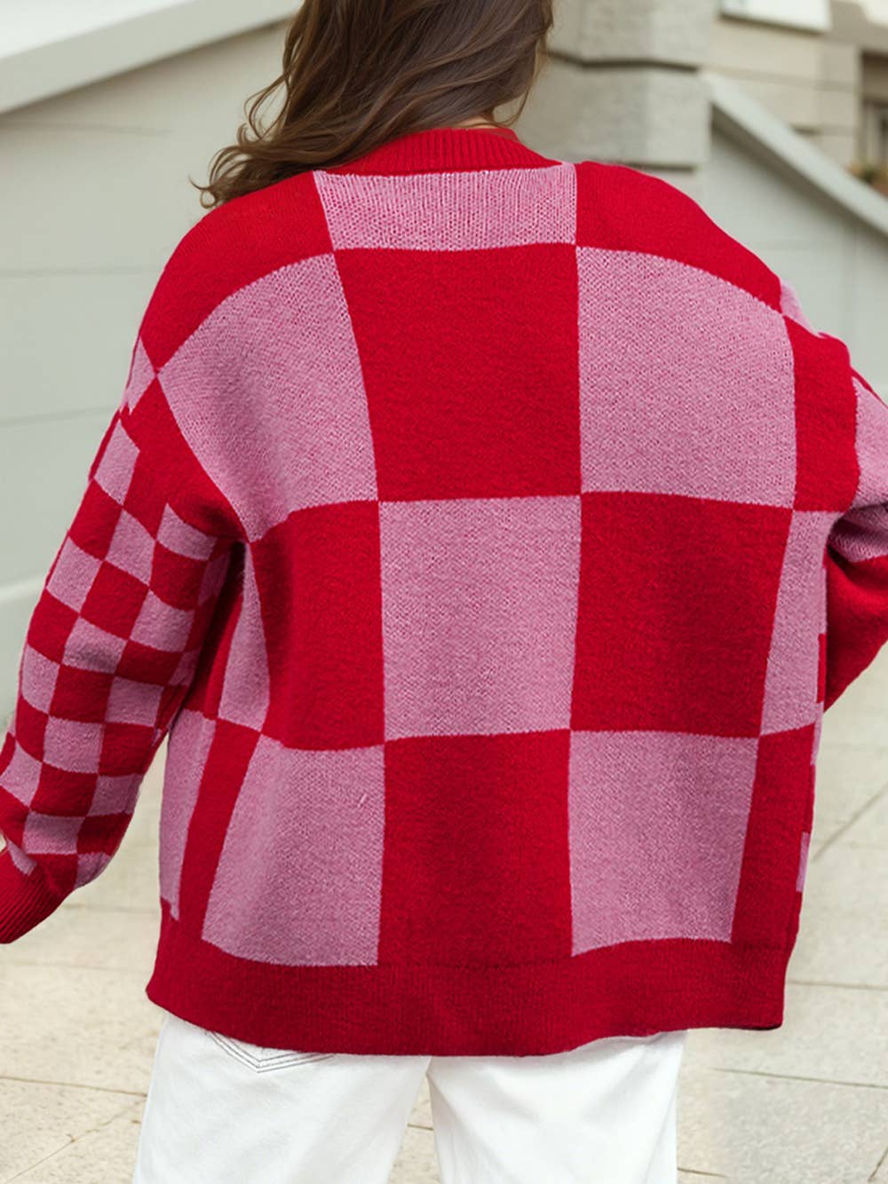 Plaid Relaxed Cardigan – Cozy Button Front Knit Sweater in Red & Pink