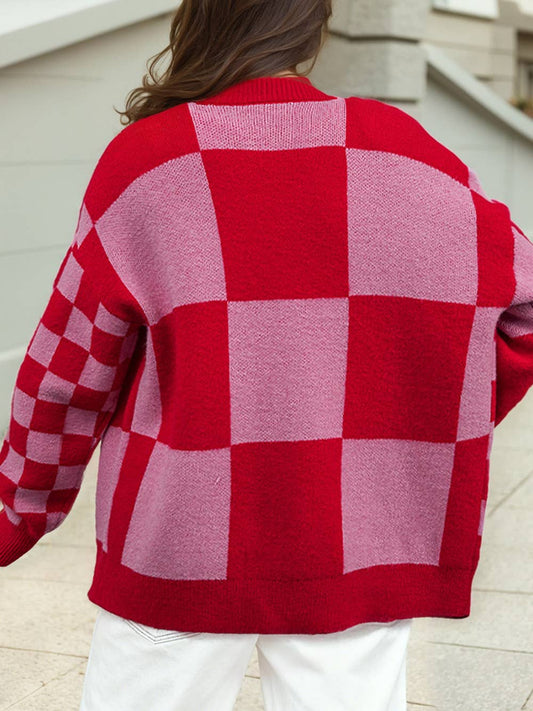 Plaid Relaxed Cardigan – Cozy Button Front Knit Sweater in Red & Pink