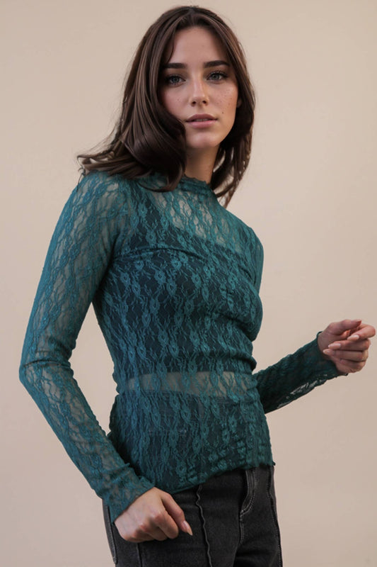 High Neck Sheer Lace Long Sleeve Top