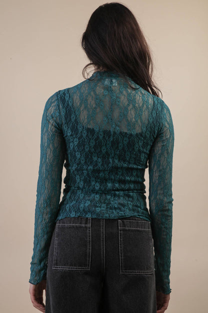 High Neck Sheer Lace Long Sleeve Top