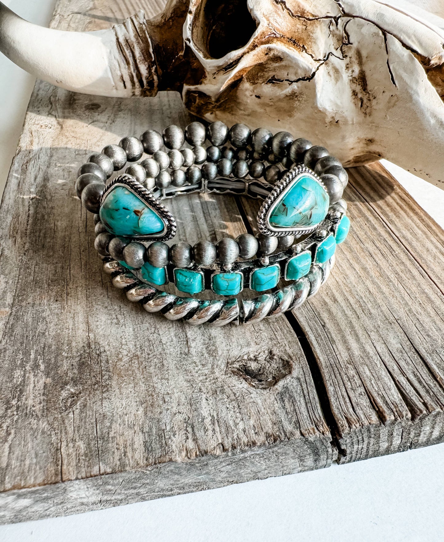 Turquoise and silver-tone western 4-piece stackable bracelet set with beaded, stone and rope-style details