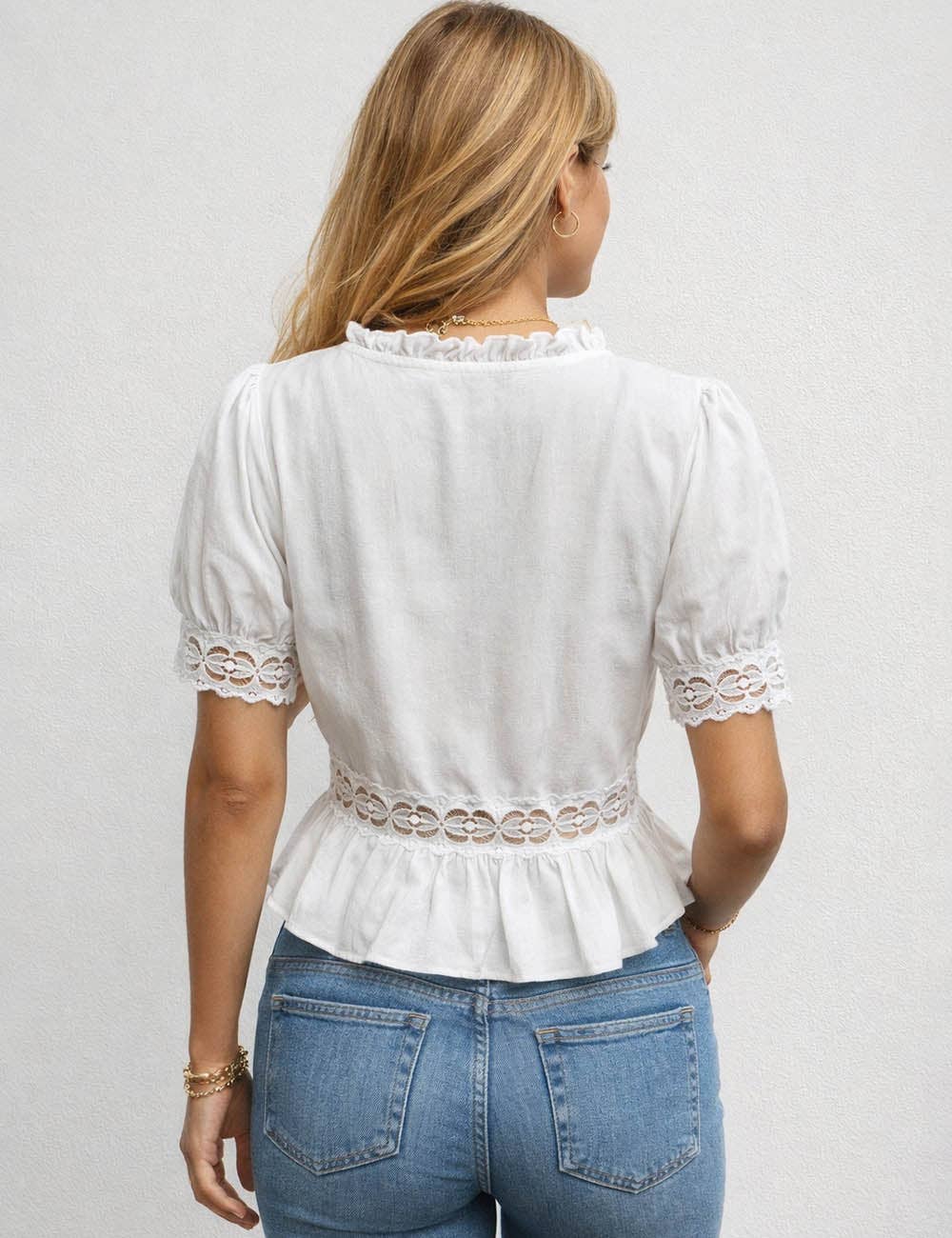 Boho Hollow-Out Ruffle Neck Blouse – Button Front Peplum Top