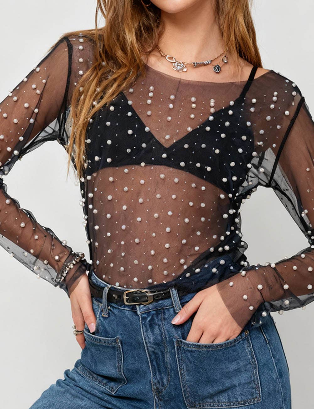 Pearl Rhinestone Sheer Mesh Top – Long Sleeve Studded See Through Blouse