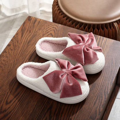 Velvet Bow Cotton Slippers for Women – Cozy Plush Indoor House Shoes