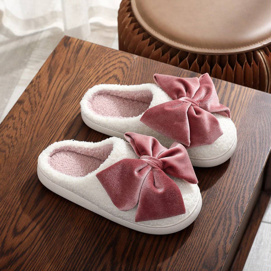 Velvet Bow Cotton Slippers for Women – Cozy Plush Indoor House Shoes
