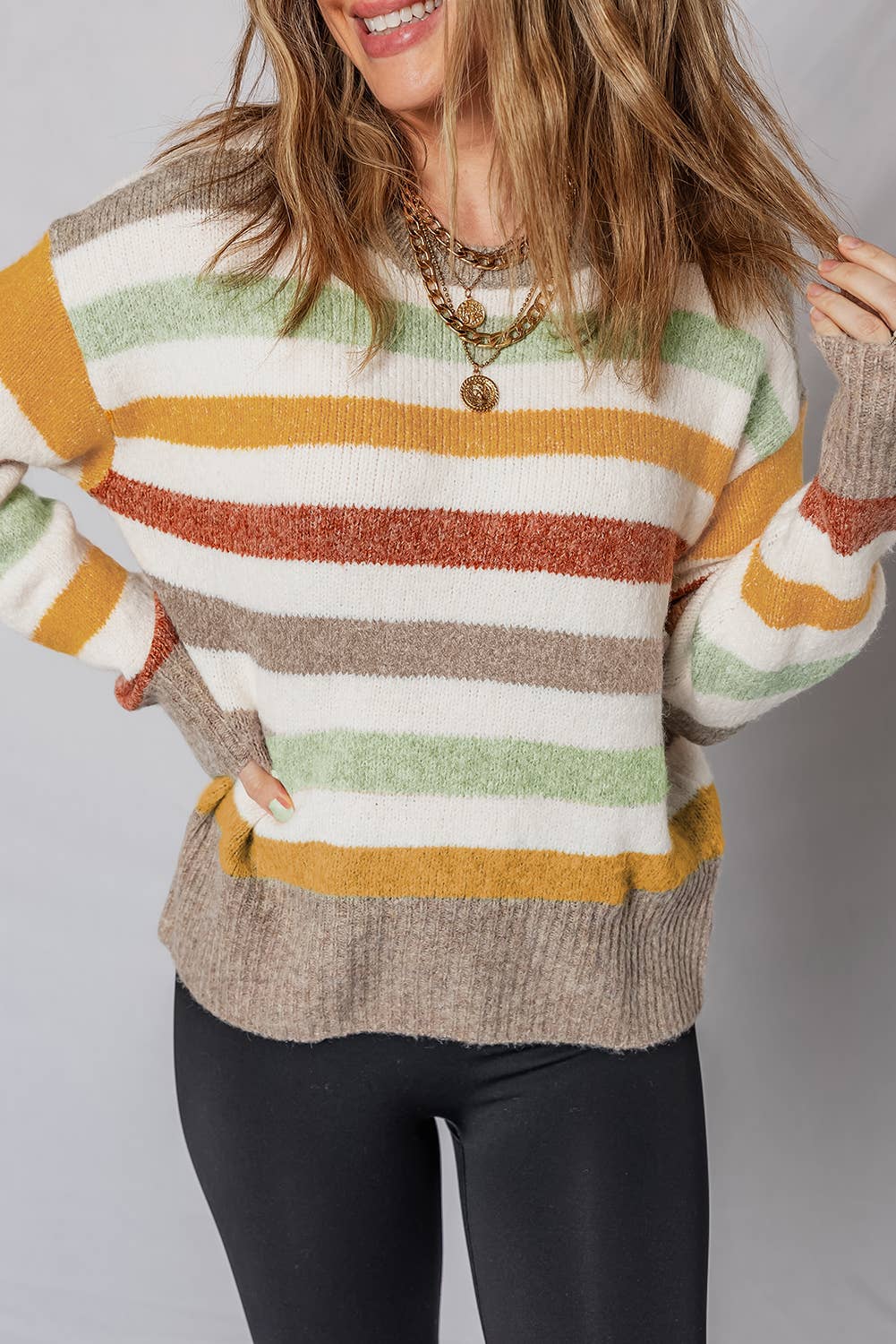 Striped Crew Neck Drop Shoulder Sweater