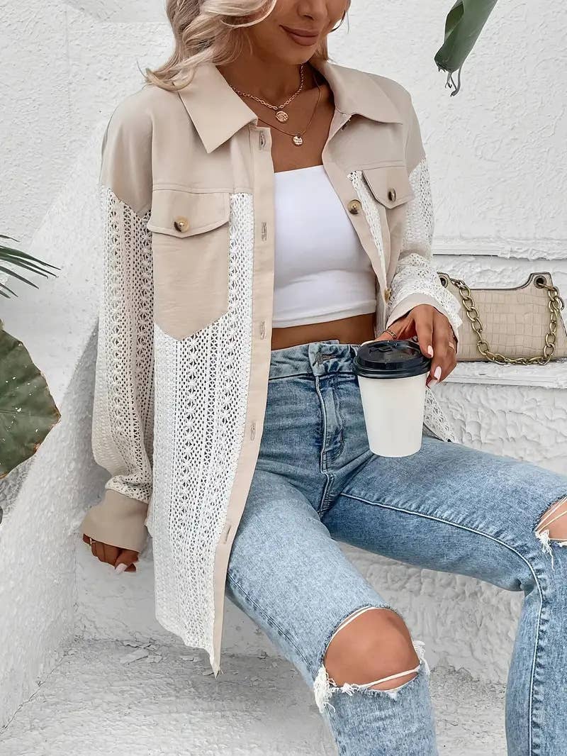 Lace Patchwork Oversized Button-Up Shacket