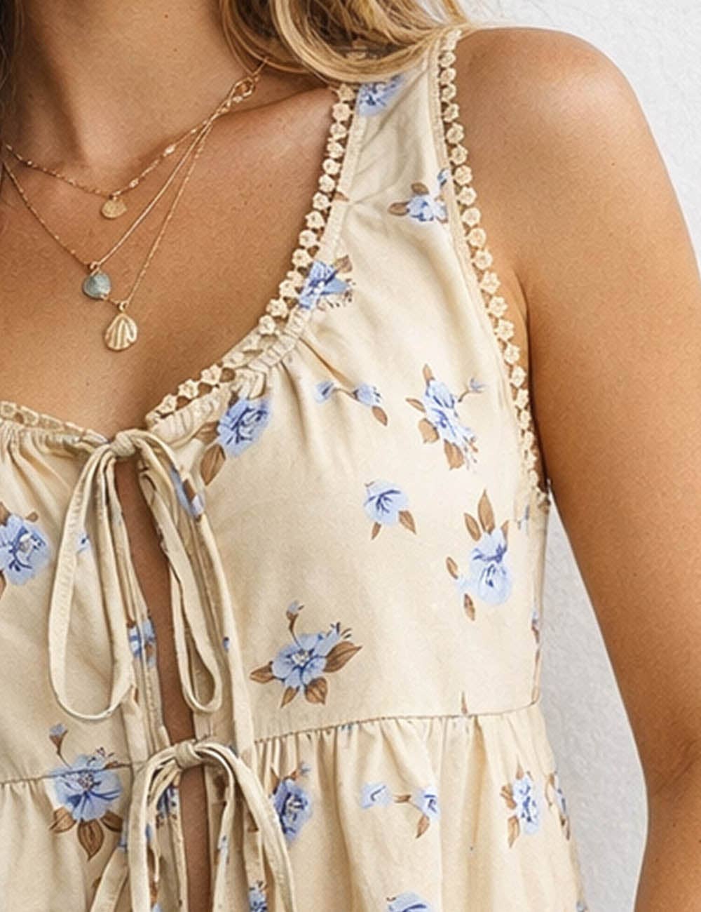 Boho Floral Tie Front Top – Sleeveless Ruffle Babydoll Blouse