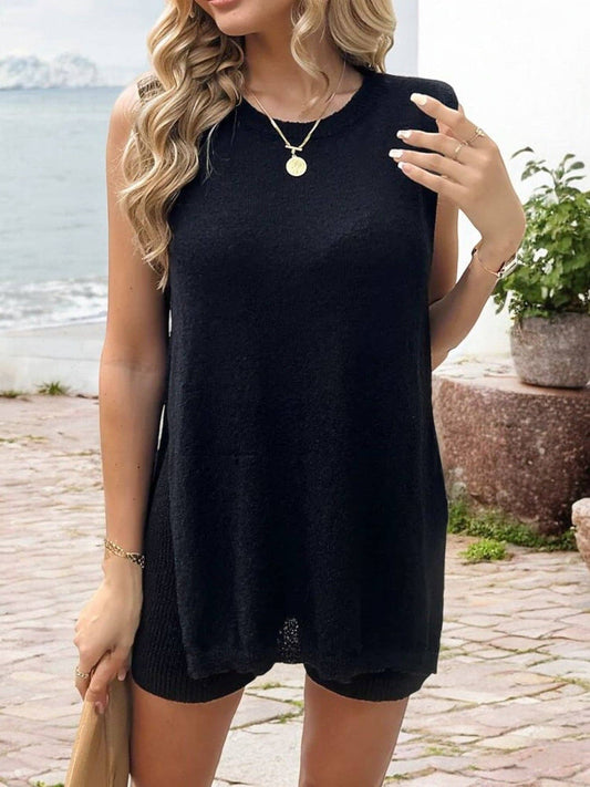 Sleeveless Open Side Knit Top & Ribbed Shorts Set – Cozy Lounge Wear