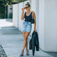 Distressed Raw Hem Denim Mini Skirt – High Waisted Frayed Jean Skirt
