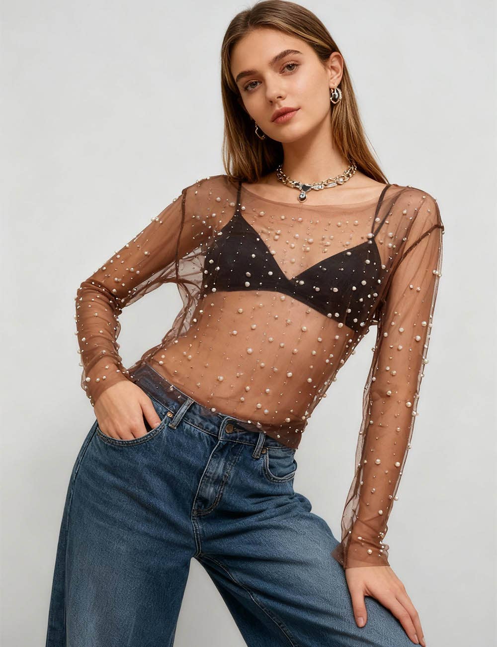 Pearl Rhinestone Sheer Mesh Top – Long Sleeve Studded See Through Blouse