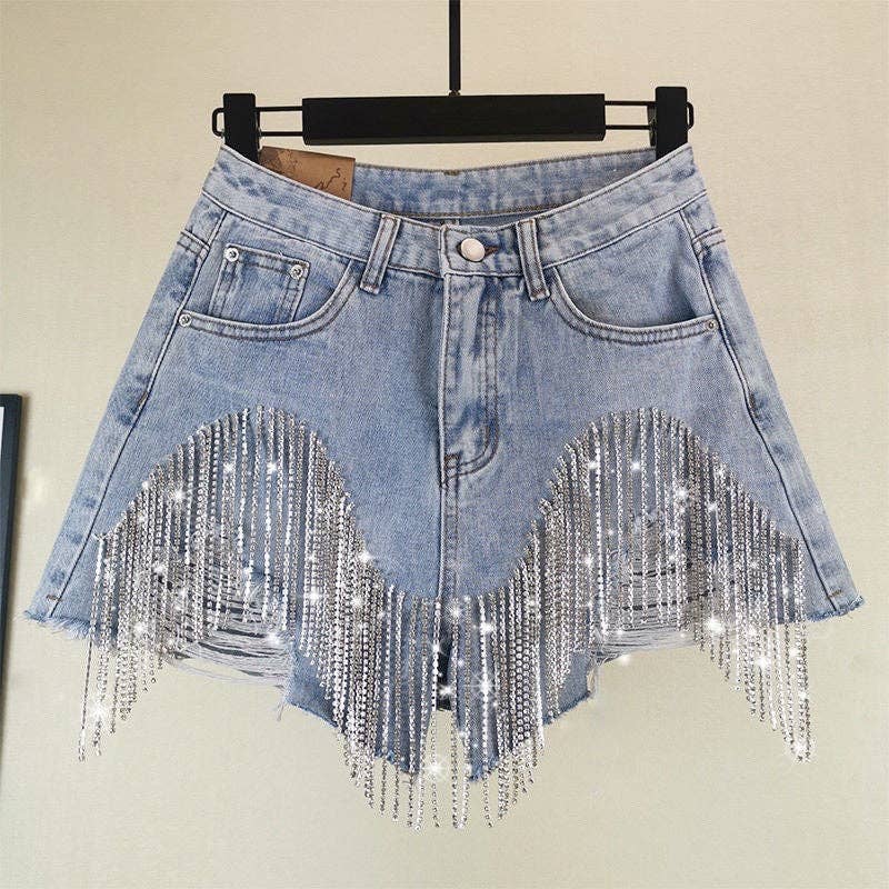 Midnight Rodeo Rhinestone Fringe Denim Shorts