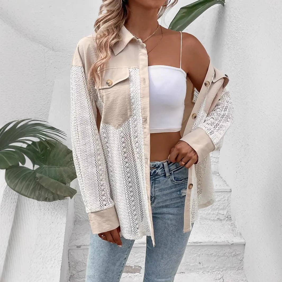 Lace Patchwork Oversized Button-Up Shacket
